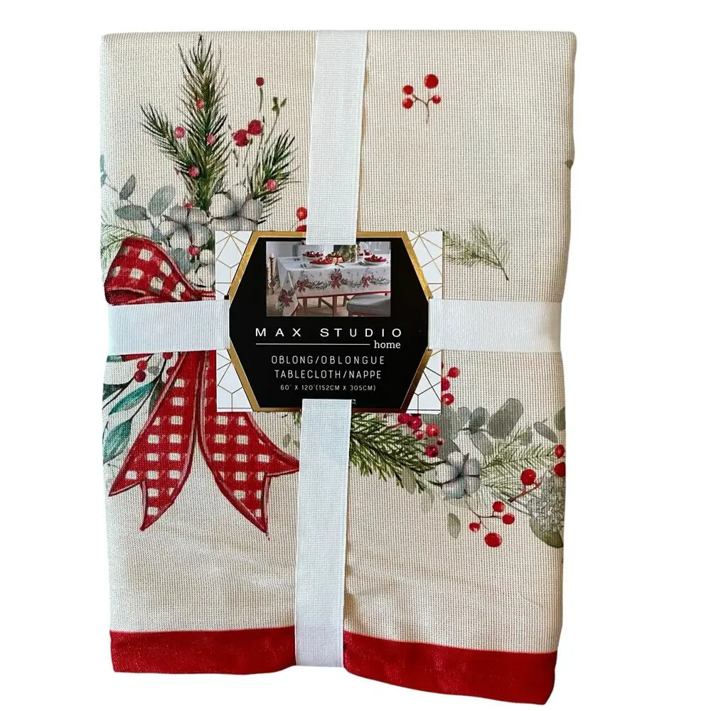 Max Studio Christmas Red Bows & Holly Holiday Tablecloth Oblong 60x120 New